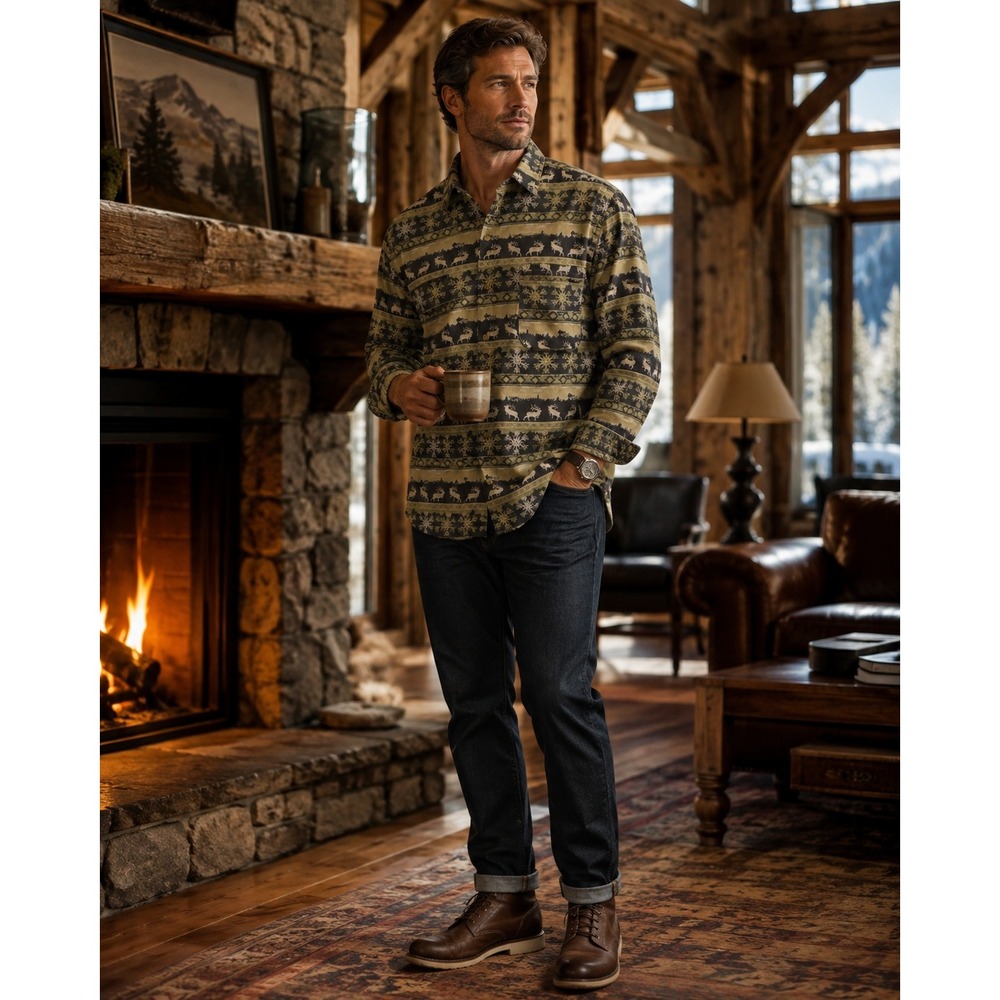 NWT Field & Stream 100% Cotton Reindeer Snowflake Print Shirt Men's M